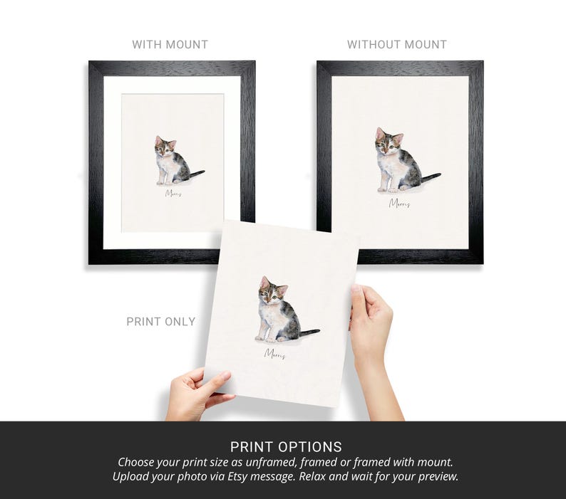 May include: A watercolor painting of a cat sitting with its paws crossed. The cat is white with black and brown markings. The painting is available as a print, framed, or framed with a mount. The text "Print Options" is at the bottom of the image.