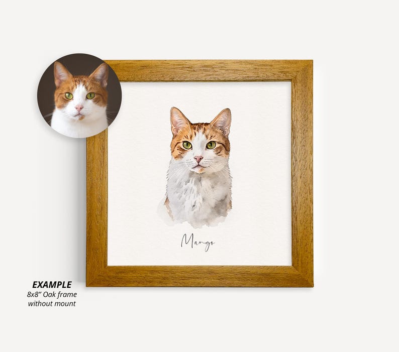 May include: A watercolor painting of a cat named Mango in an 8x8 inch oak frame. The cat is orange and white with green eyes. The painting is on a white background.