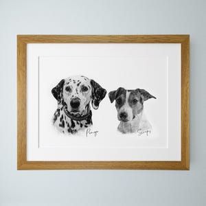 Retrato de dos mascotas, boceto de perro enmarcado, dibujo a lápiz en blanco y negro, boceto de perro personalizado, regalo conmemorativo para mascotas, retrato personalizado de dos perros
