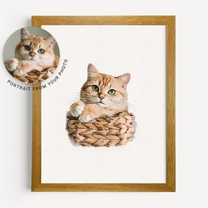 May include: A watercolor painting of a ginger cat sitting in a wicker basket. The cat is looking at the viewer with a curious expression. The painting is done in a realistic style and has a soft, muted color palette.