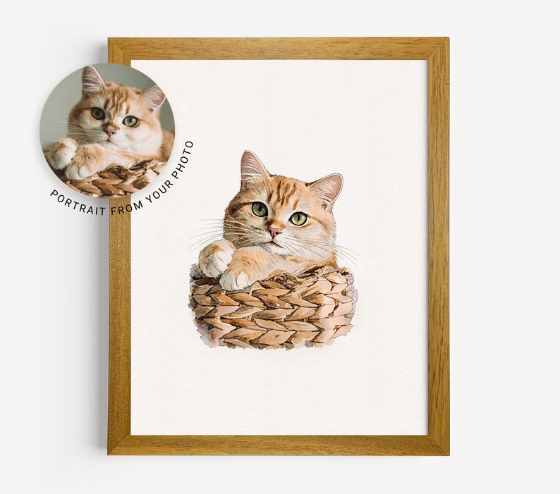May include: A watercolor painting of a ginger cat sitting in a wicker basket. The cat is looking at the viewer with a curious expression. The painting is done in a realistic style and has a soft, muted color palette.