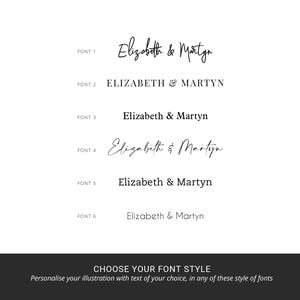 K&ouml;nnte beinhalten: Sechs verschiedene Schriftstile f&uuml;r die Namen "Elizabeth & Martyn" werden angezeigt. Die Schriften reichen von Schreibschrift bis zu Blockbuchstaben.