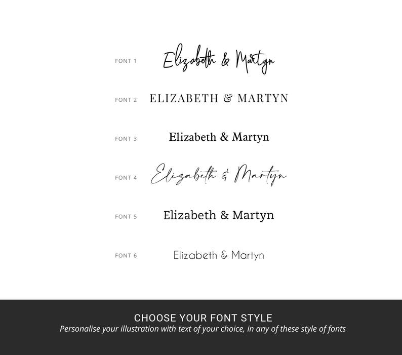 K&ouml;nnte beinhalten: Sechs verschiedene Schriftstile f&uuml;r die Namen "Elizabeth & Martyn" werden angezeigt. Die Schriften reichen von Schreibschrift bis zu Blockbuchstaben.