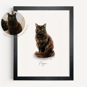 May include: A watercolor portrait of a black cat named Pepper. The cat is sitting with its tail curled around its body. The portrait is framed in a black frame.