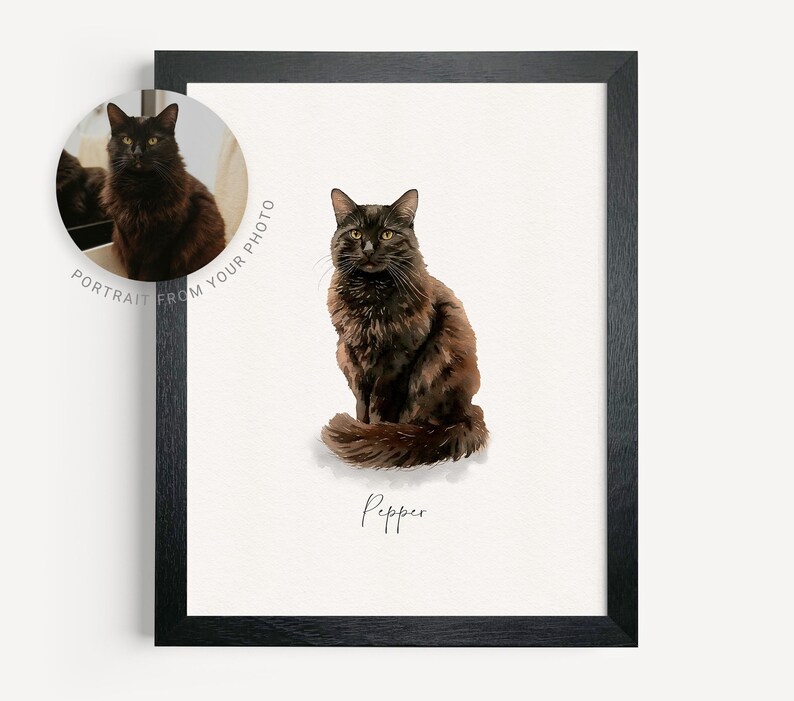 May include: A watercolor portrait of a black cat named Pepper. The cat is sitting with its tail curled around its body. The portrait is framed in a black frame.