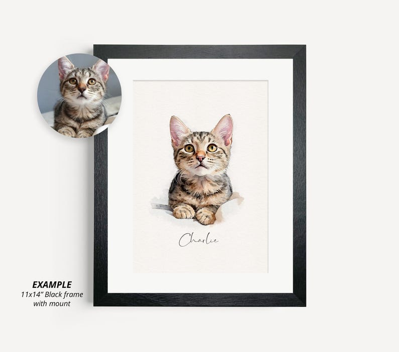 May include: A watercolor painting of a tabby cat named Charlie in a black frame with a white mat. The cat is looking up with its mouth closed. The painting is 11x14 inches.