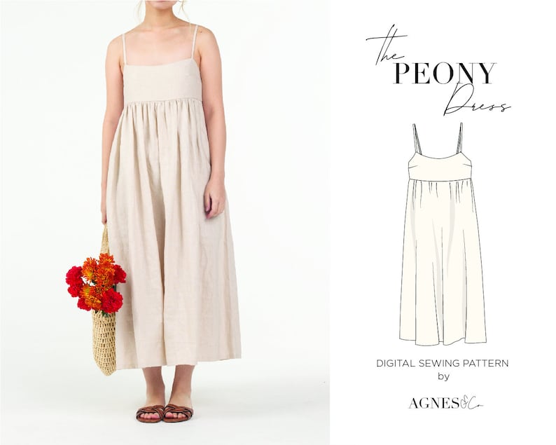 Womens Gathered Maxi Dress with Empire Waist Digital PDF Sewing Pattern Peony Dress Download Now image 1