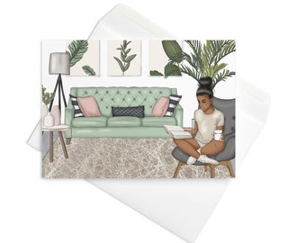 Comfortable at Home with Coffee Black African American Woman Stationery Greeting card Blank Inside