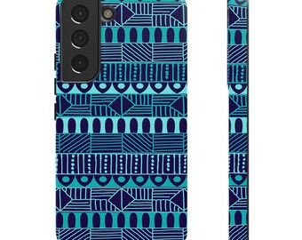 Samsung Galaxy S22 Samsung Galaxy S22 Plus Samsung Galaxy S22 Ultra Tough Cases Blue Navy Batik African Design Pattern Teal Light Blue