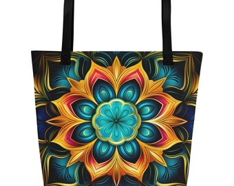 Mandala Flower - Blue Green Gold Red All-Over Print Large Tote Bag Mom Gift Shopping Bag