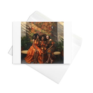 Three Happy Sister Friends Reunion in Orange Tones Greeting card