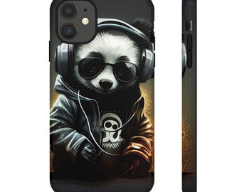 iPhone 11,  iPhone 11 Pro, iPhone 11 Tough Cases Black White Panda With Headphones Audiophile Stereo headset bear