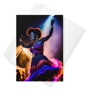 Blank Inside African American Woman Black Woman at Festival Concert Hippie Boho dancing Woman Colorful Party Greeting card with Envelope