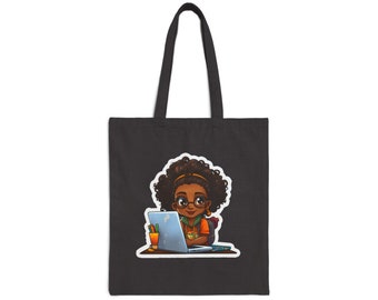 Chibi Style African American Girl Black Student Female Student at Her Desk with Her Laptop Cotton Canvas Tote Bag