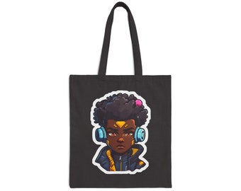 Kawaii Anime Style African American Young Man Boy with Headphones Black Student Cotton Canvas Tote Bag