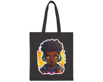 Kawaii Anime Style African American (Black) Young Man (Boy) in Yellow or Golden Background Cotton Canvas Tote Bag