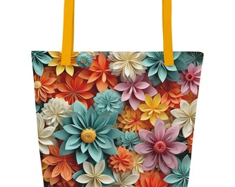 Colorful Flowers (Orange, Blue, White, Pink) All-Over Print Large Tote Bag