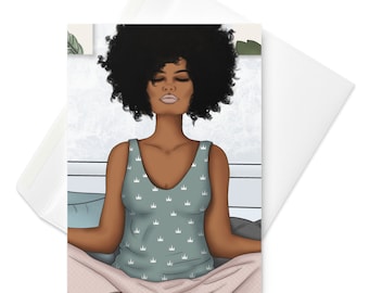 Namaste Black African American Woman in Peaceful Yoga or Meditation Pose Greeting card Blank Inside Blank Card with Envelope