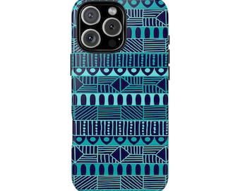 iPhone 16, iPhone 16 Pro, iPhone 16 Plus, iPhone 16 Pro Max Tough Cases Blue Navy Batik African Design Pattern Teal Light Blue