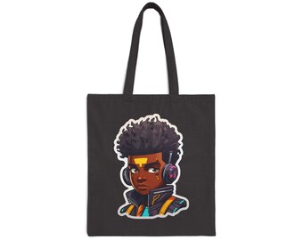 Kawaii Anime Style African American Black Young Man Boy WIth Headphones and Jacket Cotton Canvas Tote Bag