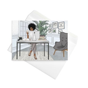 Blank Inside Card African American Black Boss Babe Business Woman in Her Office at the Desk Greeting card with Envelope