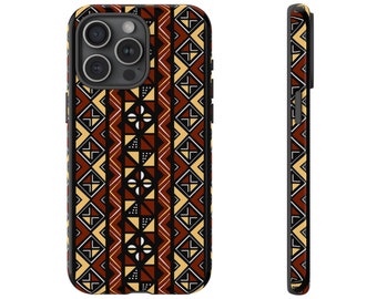 iPhone 15, iPhone 15 Pro, iPhone 15 Plus, iPhone 15 Pro Max Tough Cases Brown Black Yellow African Design Pattern