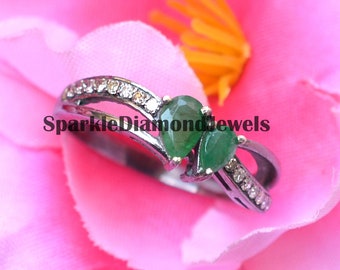 Emerald Gemstone Ring, Pave Diamond Jewellery, 925 Sterling Silver Ring, Handmade Ring Jewelry, Diamond Silver Jewelry, Birthday Gifts