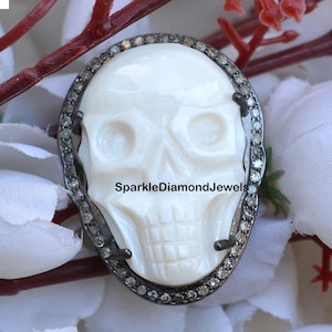 Natural Pearl Shell Ring, Skull Face Ring, Pave Diamond Ring, 925 Silver Jewelry, Pearl Skull Ring, Halloween Ring, Christmas Gift For Her