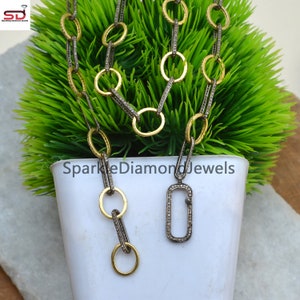 Tow Tone 24&quot; Link Chain, Necklace, Pave Diamond Necklace Link Rolo Chain, 925 Solid Silver Necklace, Spring Lock Chain Handmade Jewelry