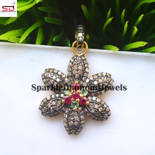 Diamond Flower Charm Pendant Ruby Gemstone Jewelry Pave Diamond Flower Pendant, 925 Silver Emerald Flower Charm, Gold Vermeil Flower Pendant
