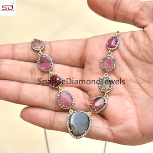 Genuine Multi Tourmaline Necklace / 925 Silver Link Chain Necklace / Gemstone Jewelry Women&#39;s / Pave Diamond Necklaces Jewelry Gifts,