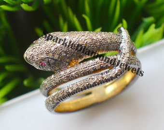Rubin Augen Schlangenring, Pave Diamant, Sterlingsilber Vermeil