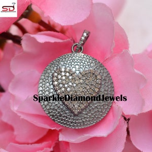 Diamond Heart Pendant, 925 Sterling Silver Heart Necklace, Hammered Heart Pendant, Pave Diamond Heart Pendant 16&quot; Link Chain Pendant Jewelry