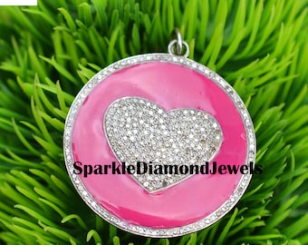 Heart Pendant Pave Diamond Heart Pendant, Pink Enamel Pendant Jewelry, 925 Sterling Silver Necklace, 16"Link Silver Chain Love Heart Jewelry