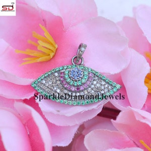 Emerald Ruby Gemstone Pendant, Pave Diamond Pendant, Evil Eye Necklace, 16&quot; Link Chain, 925 Sterling Silver Charm, Sapphire Unisex Pendant