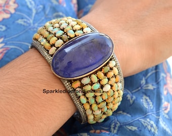 Opal Gemstone Bangle / 925 Sterling Silver Jewelry / Pave Diamond Bangle / Tanzanite Stone Bangle / Silver Diamond Bangle Jewelry / Gifts