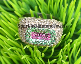Ruby Emerald Pave Diamond Ring, Sterling Silver Jewelry