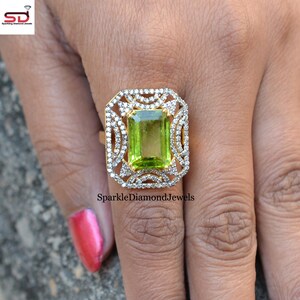 Peridot Gemstone Ring, Pave Diamond Ring, 925 Sterling Silver Jewelry, Gemstone Statement Ring, Valentine&#39;s Day Gift, Handmade Jewelry