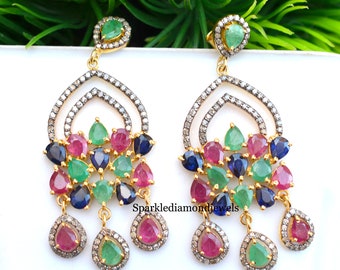 Natural Multi Stone Gemstone Earrings, 14k Yellow Gold Vermeil Earrings, Pave Diamond Earrings 925 Silver Emerald Gemstone Handmade Jewelry