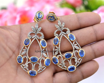 Orecchini con pietre preziose tanzanite, orecchini con diamanti in oro giallo 14k Vermeil Pave, gioielli in argento 925 fatti a mano Orecchini pendenti a goccia Festa della mamma