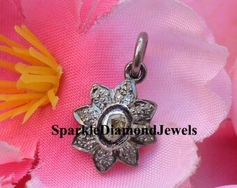 Sterling Silber Polki Diamant Blumen Anhänger, handgemachter Charme