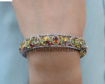 Multi Tourmaline Bangle, Pave Diamond Jewelry, Yellow Gold Plated Jewelry, 925 Sterling Silver Bangle, Diamond Gemstone Bangle, Jewelry