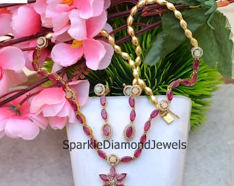 Pave Diamond Jewelry Set, Ruby Gemstone Necklace Earrings Set, 925 Silver Opal Earrings, Diamond Ruby Necklace, Gold Plated Earrings For Her