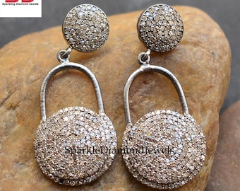Diamond Dangle Earrings 14K Gold | Natural Diamond Earrings | 14K Gold, Handmade, Natural Diamond, 925 Silver | Pave Diamond Padlock Earring