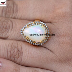 Fire Opal Gemstone Ring, Pave Diamond Ring, Gold Plated Ring, 925 Silver Jewelry, Engagement Gift, Natural Gemstone Jewelry, Valentine Gift