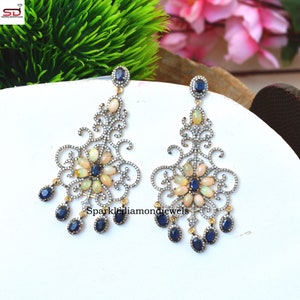 Opal Gemstone Earring, Pave Diamond Earrings, 14k Gold Vermeil Jewelry, 925 Sterling Silver Earrings, Natural Blue Sapphire Earrings Jewelry