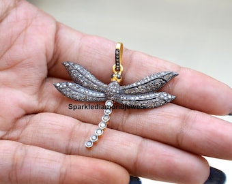 Bijoux pavé diamants, pendentif libellule, bijoux en argent diamants, collier pendentif insecte en argent massif 925 plaqué or 14 carats, cadeau pour elle