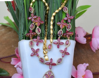 Ruby Gemstone Jewelry Set, Pave Diamond Necklace Set, 925 Sterling Silver, Necklace Earrings Set, Ruby Dangle Earrings, Gold Plated Jewelry
