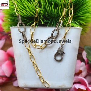 Pave Diamond Necklaces Jewelry 925 Silver Necklaces Diamond Lobster Clasp Two Tone Connector 22&quot; Chain Link Necklaces Handmade Jewelry