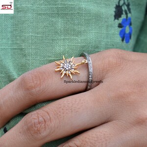 Sun Connector Ring, Pave Diamond Band Ring, Gold Plated Ring, Diamond Interlocking Jewelry, 925 Sterling Silver Ring, Sun Ring Jewelry